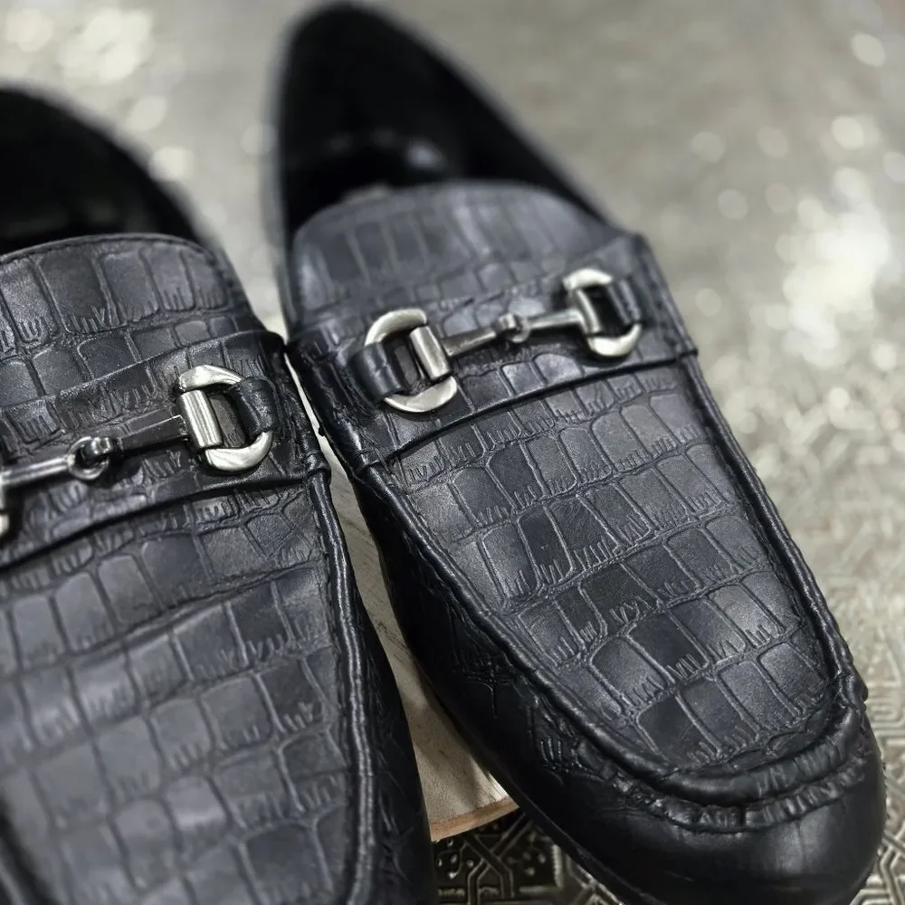 🐢 Steve Madden P-Donnel Black Croc Embossed Men's Leather Loafer - Size 10.5